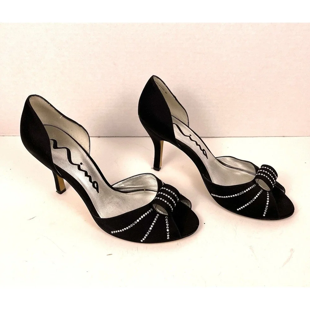 Nina New York Black Satin Platform Stiletto Heel Rhinestone Cluster Peep Toe 7.5